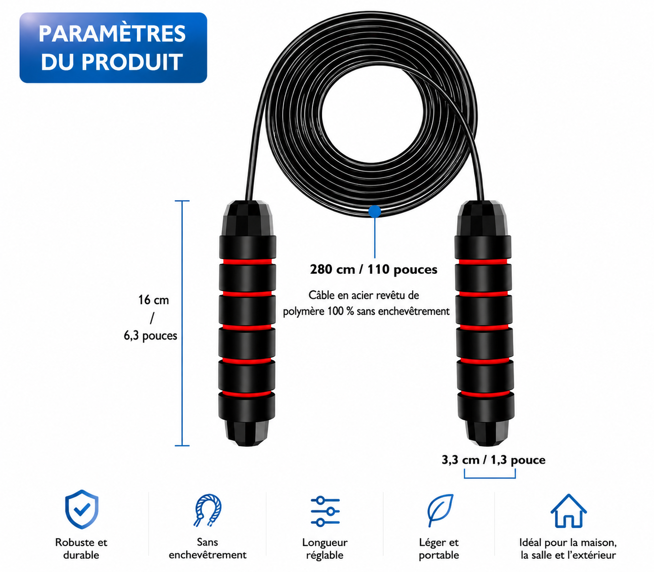Corde à Sauter Réglable en Acier Anti-Enchevêtrement – Cardio & Fitness