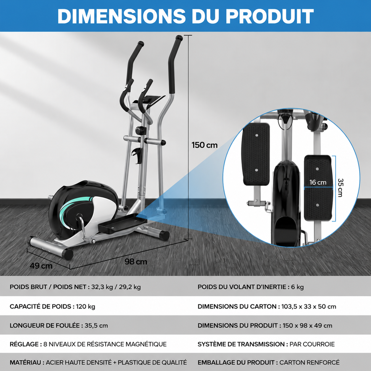 Vélo Elliptique Magnétique 8 Niveaux – Cardio Fitness Maison