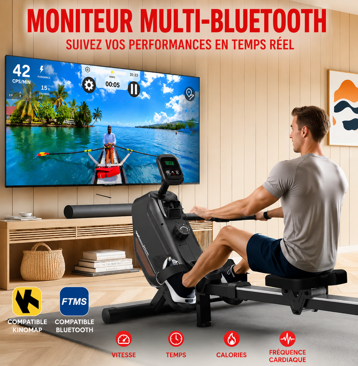 Rameur Magnétique Pliable Bluetooth 16 Niveaux – Charge Max 150 kg