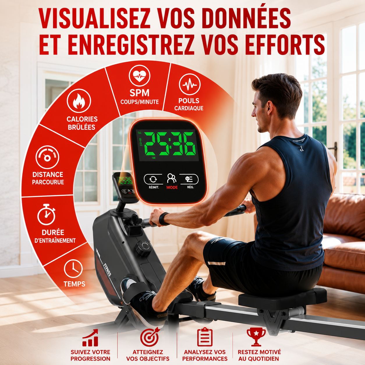 Rameur Magnétique Pliable Bluetooth 16 Niveaux – Charge Max 150 kg