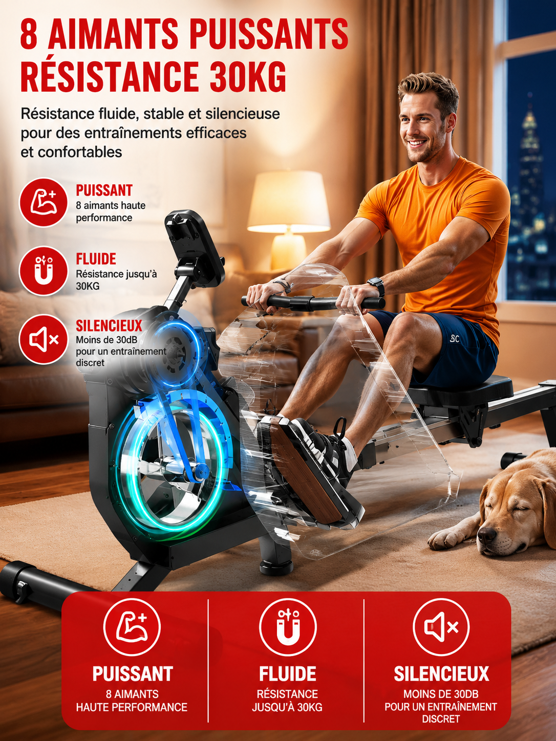 Rameur Magnétique Pliable Bluetooth 16 Niveaux – Charge Max 150 kg