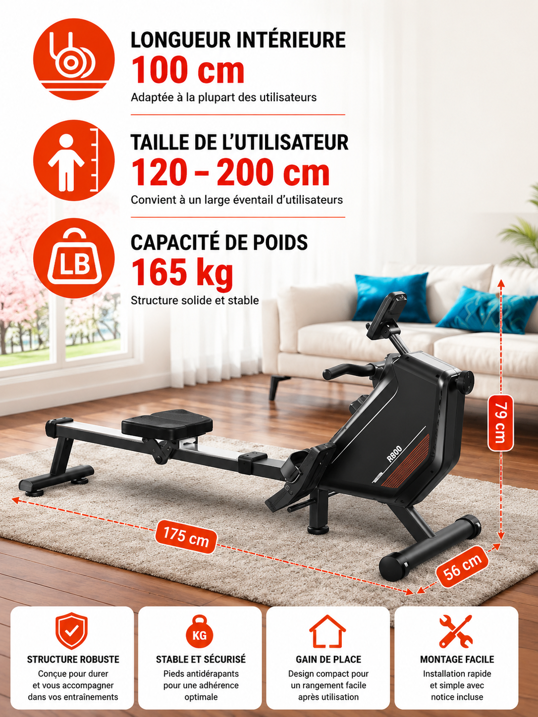 Rameur Magnétique Pliable Bluetooth 16 Niveaux – Charge Max 150 kg