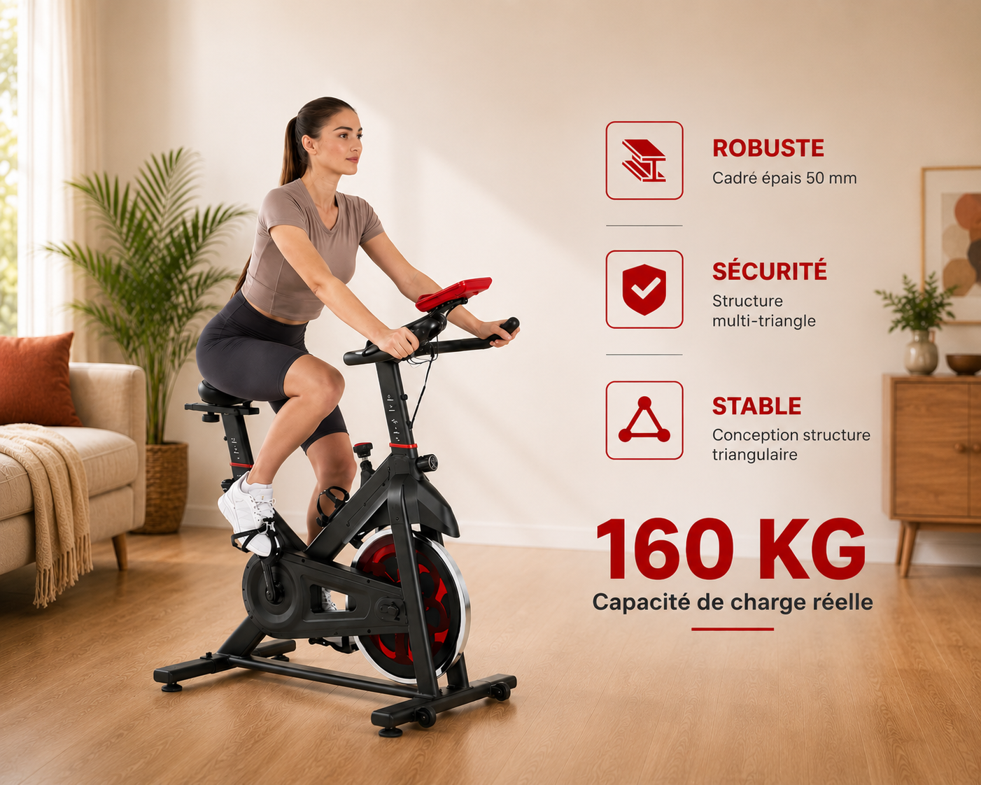 Vélo spinning intérieur – Volant 6 kg, magnétique, cardio, 150 kg
