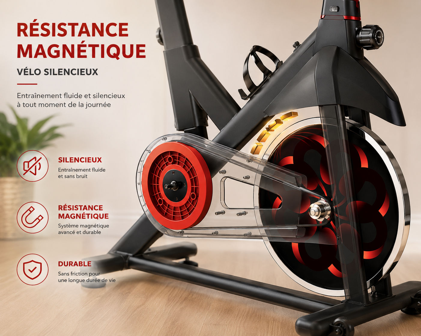 Vélo spinning intérieur – Volant 6 kg, magnétique, cardio, 150 kg