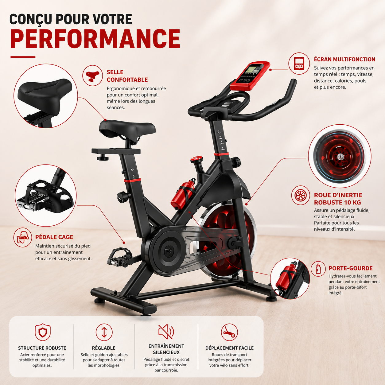 Vélo spinning intérieur – Volant 6 kg, magnétique, cardio, 150 kg