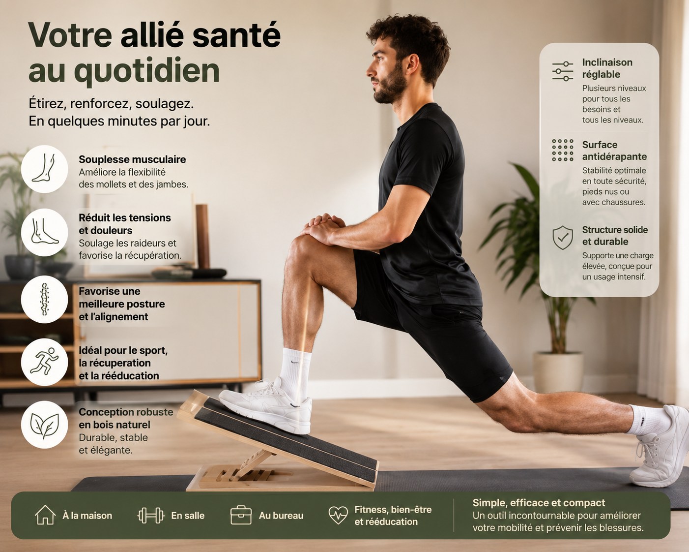 Planche inclinée réglable en bois – Étirement & Mobilité