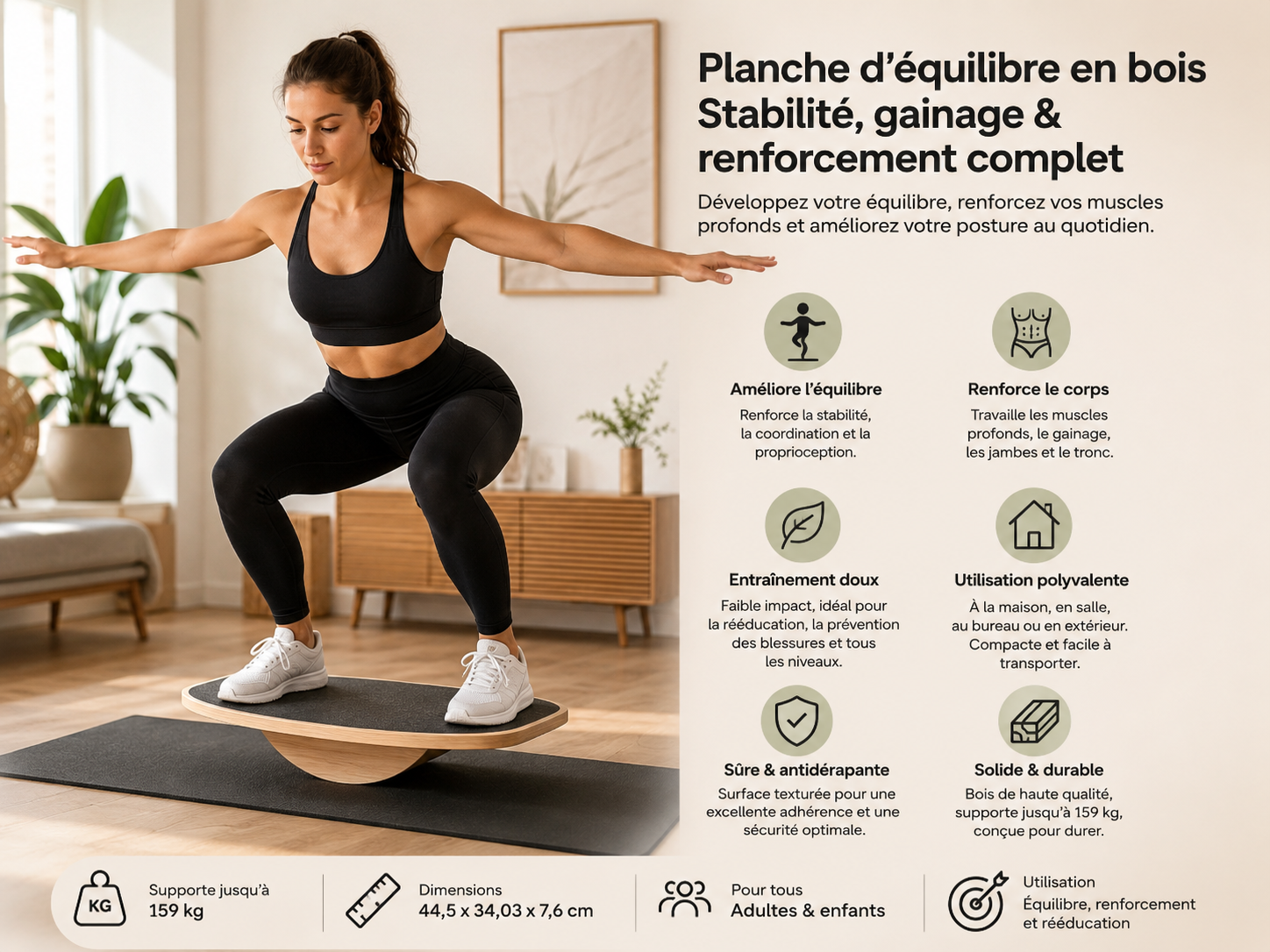 Planche d’équilibre en bois – Stabilité, gainage et renforcement complet