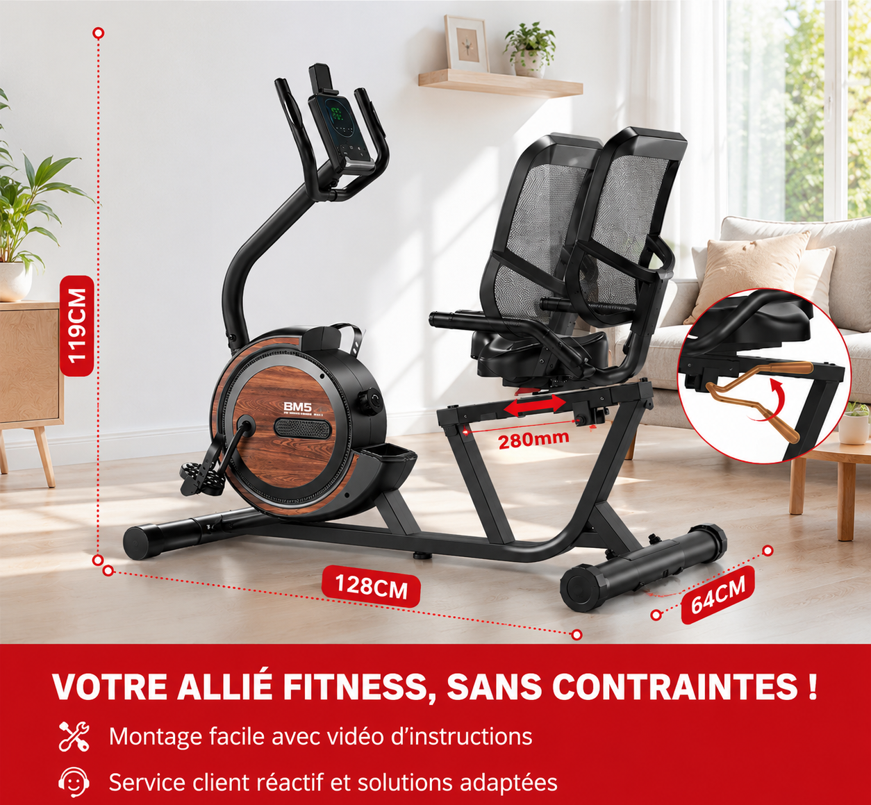 Vélo d'Exercice Couché Bominfit BM5 - 16 Niveaux Magnétiques Silencieux | Confort Rééducation