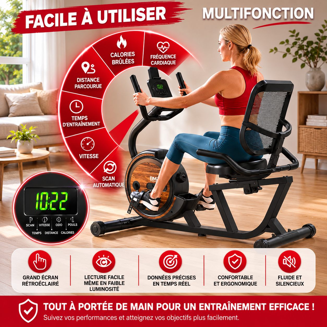 Vélo d'Exercice Couché Bominfit BM5 - 16 Niveaux Magnétiques Silencieux | Confort Rééducation