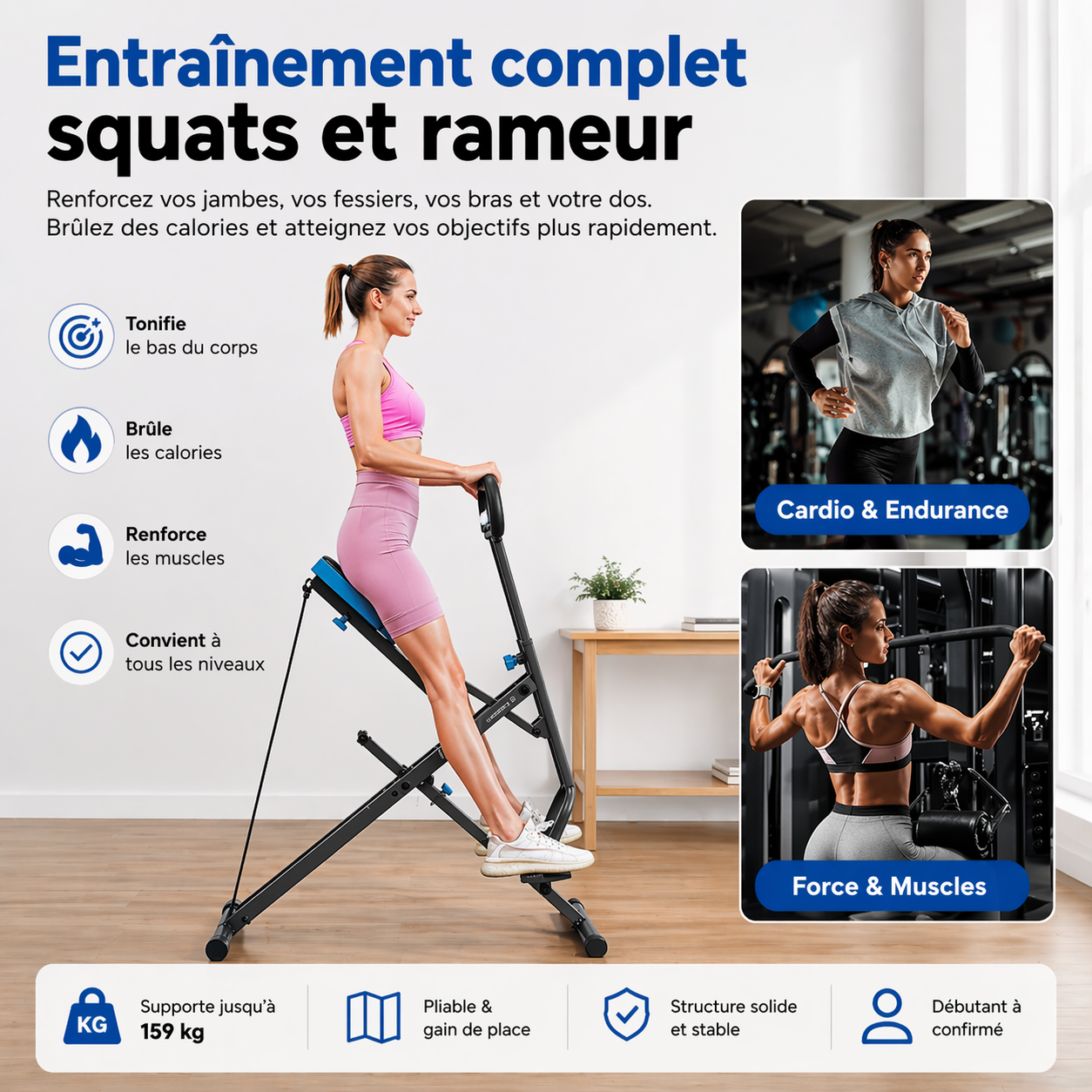 Machine à Squat 2-en-1 Pliable – Renforcement Jambes,  Fessiers & Abdos