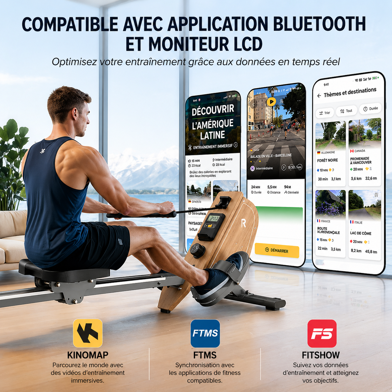 Rameur domestique magnétique Bluetooth 16 niveaux résistance capacité 150 kg stockage vertical