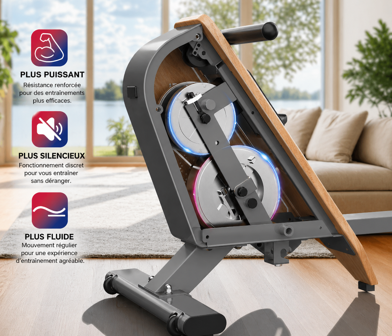 Rameur domestique magnétique Bluetooth 16 niveaux résistance capacité 150 kg stockage vertical