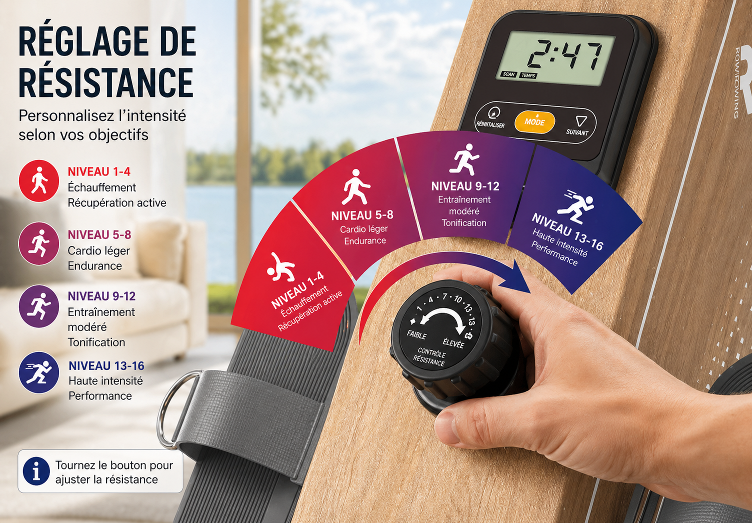 Rameur domestique magnétique Bluetooth 16 niveaux résistance capacité 150 kg stockage vertical