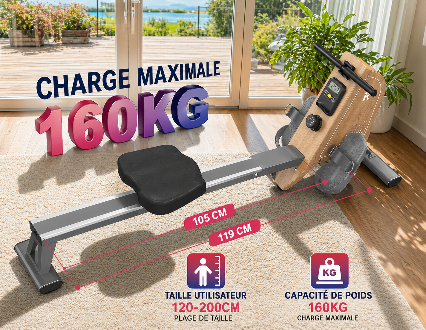 Rameur domestique magnétique Bluetooth 16 niveaux résistance capacité 150 kg stockage vertical