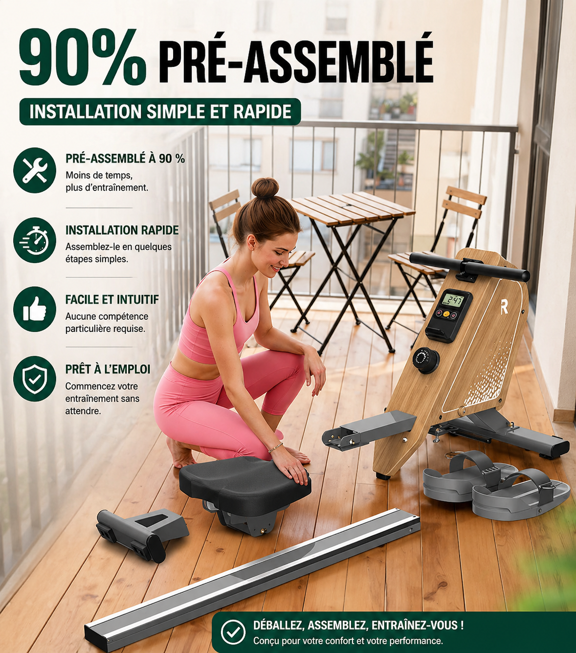 Rameur domestique magnétique Bluetooth 16 niveaux résistance capacité 150 kg stockage vertical