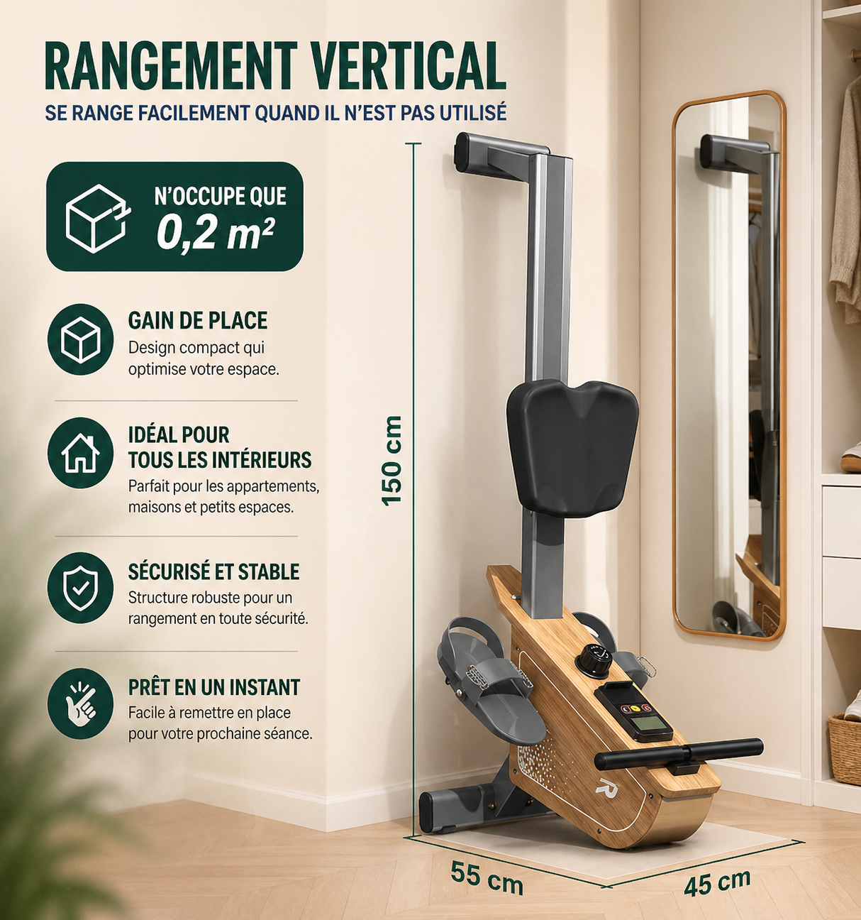 Rameur domestique magnétique Bluetooth 16 niveaux résistance capacité 150 kg stockage vertical