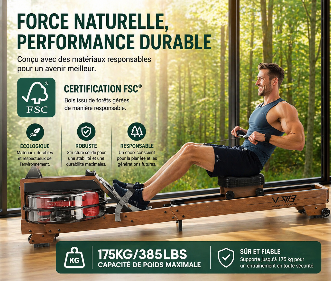 Rameur en Bois Pliant – Résistance à Eau – 175 kg