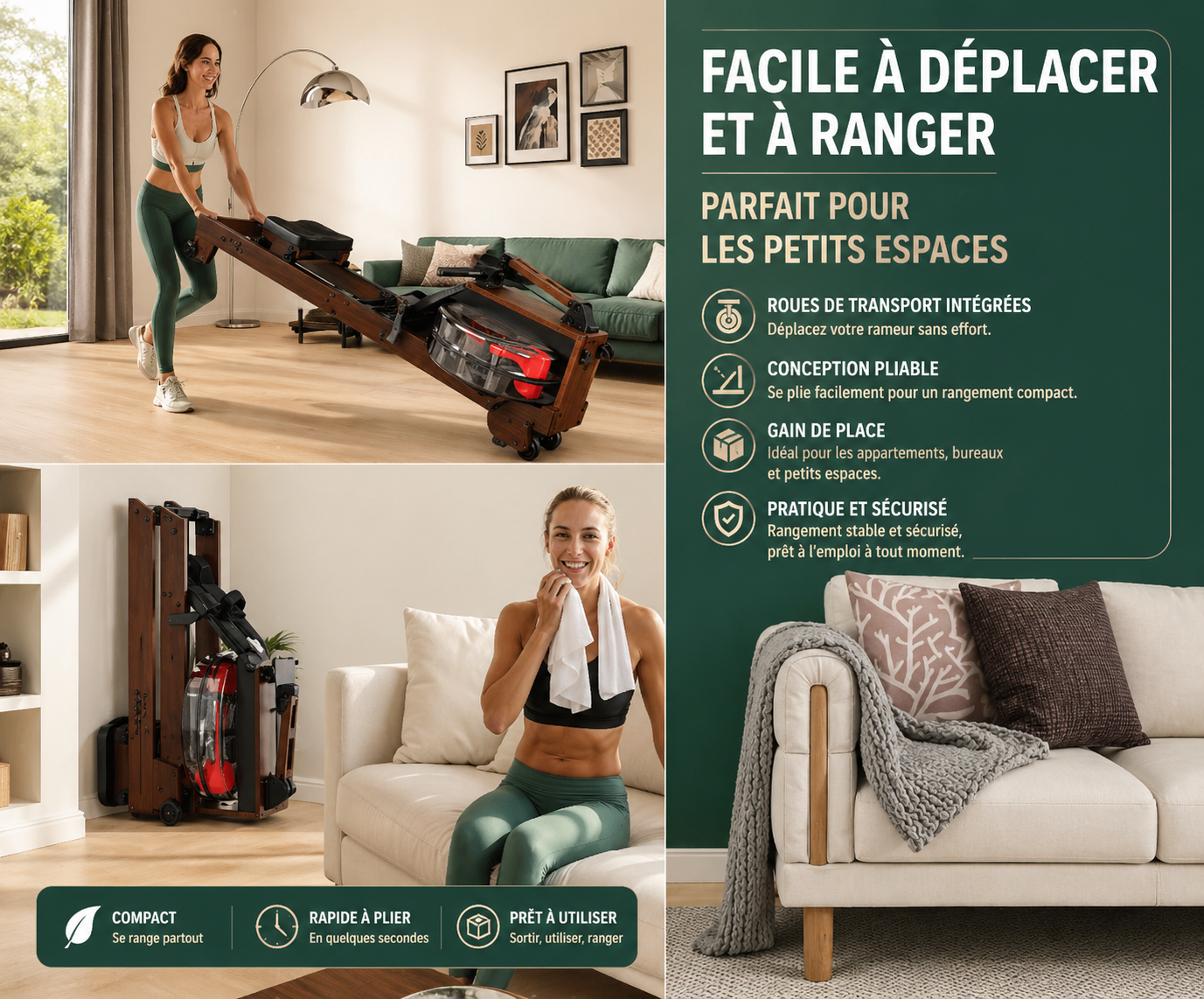 Rameur en Bois Pliant – Résistance à Eau – 175 kg