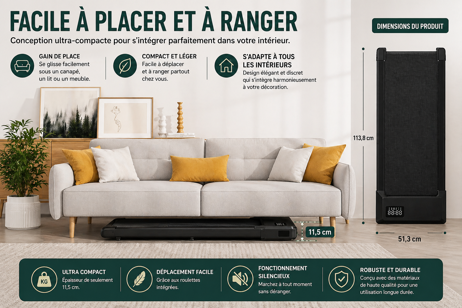 Tapis de marche électrique compact 80 cm moteur 2.2 HP silencieux 2 en 1