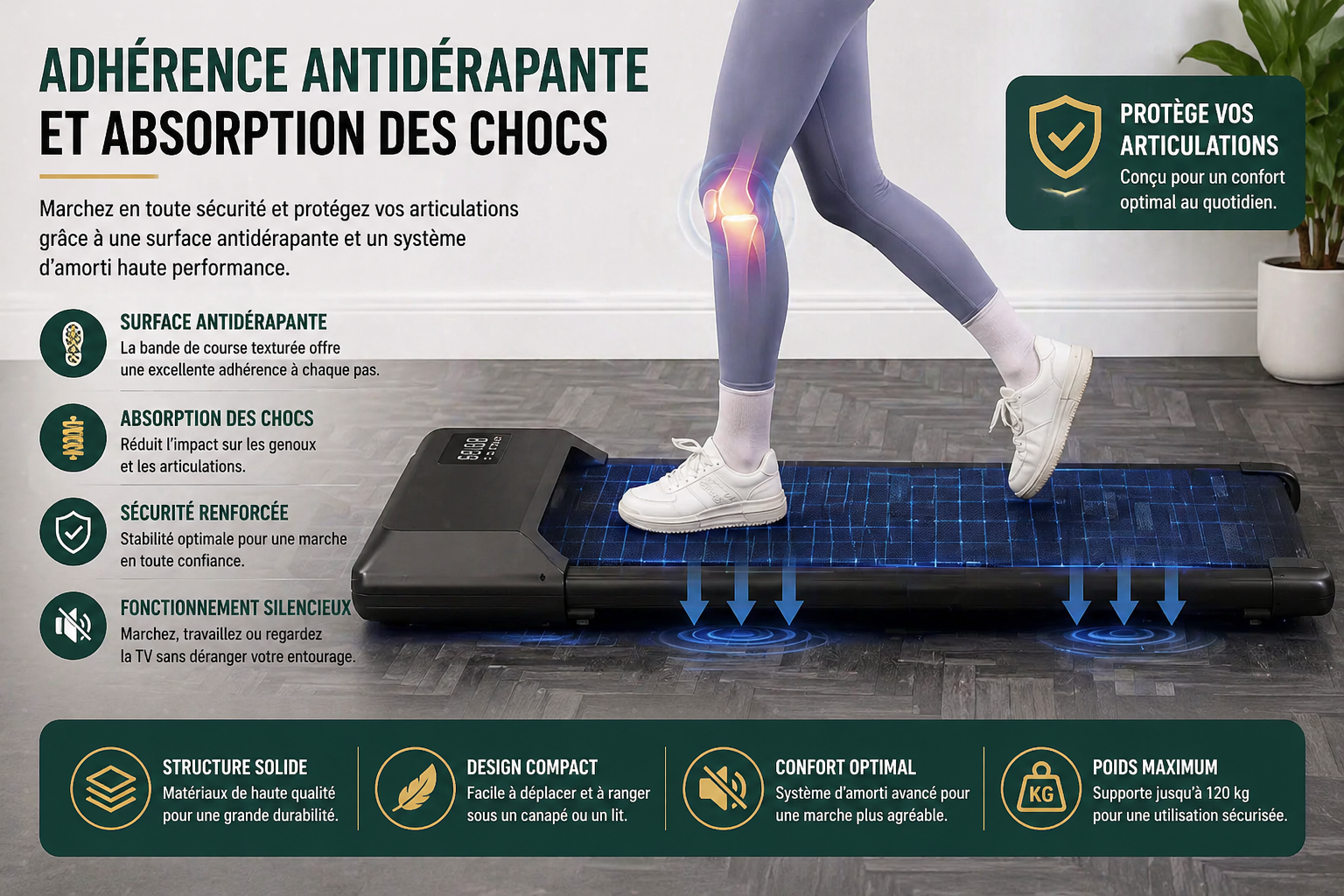 Tapis de marche électrique compact 80 cm moteur 2.2 HP silencieux 2 en 1