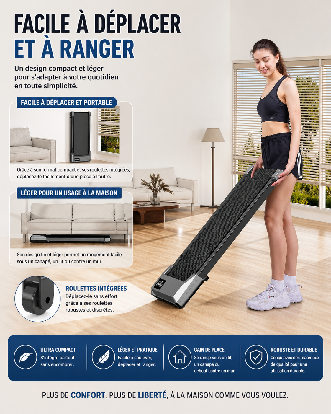 Tapis de marche électrique compact 80 cm moteur 2.2 HP silencieux 2 en 1