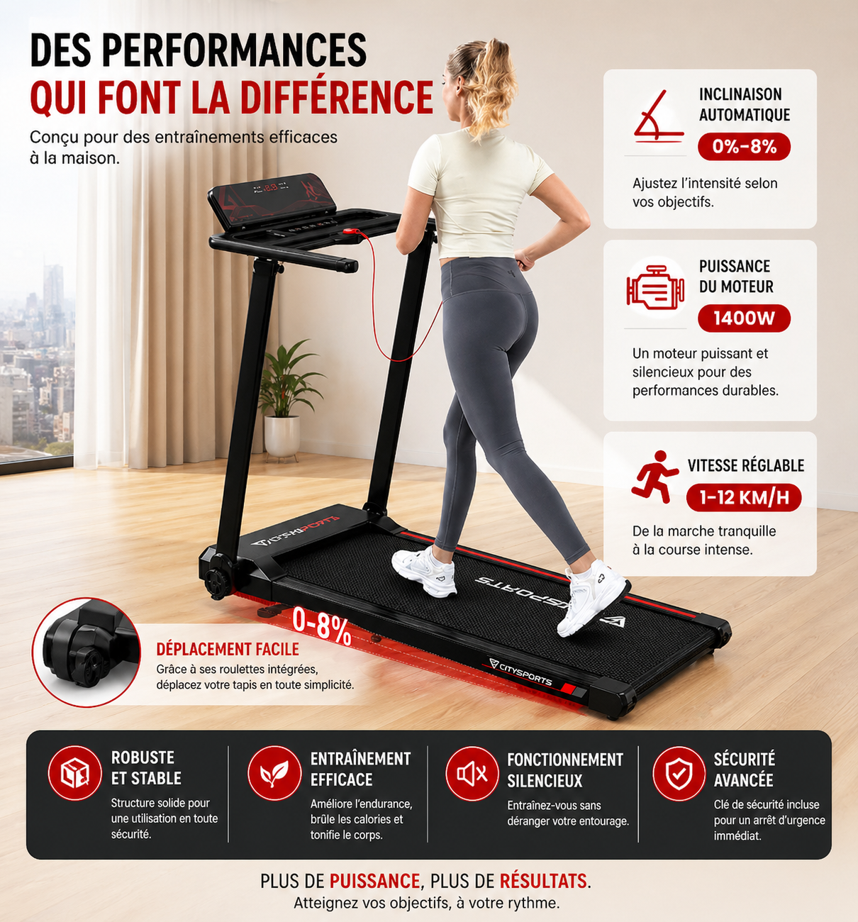 Tapis de Course compact pliable- Inclinaison, Bluetooth et écran LED