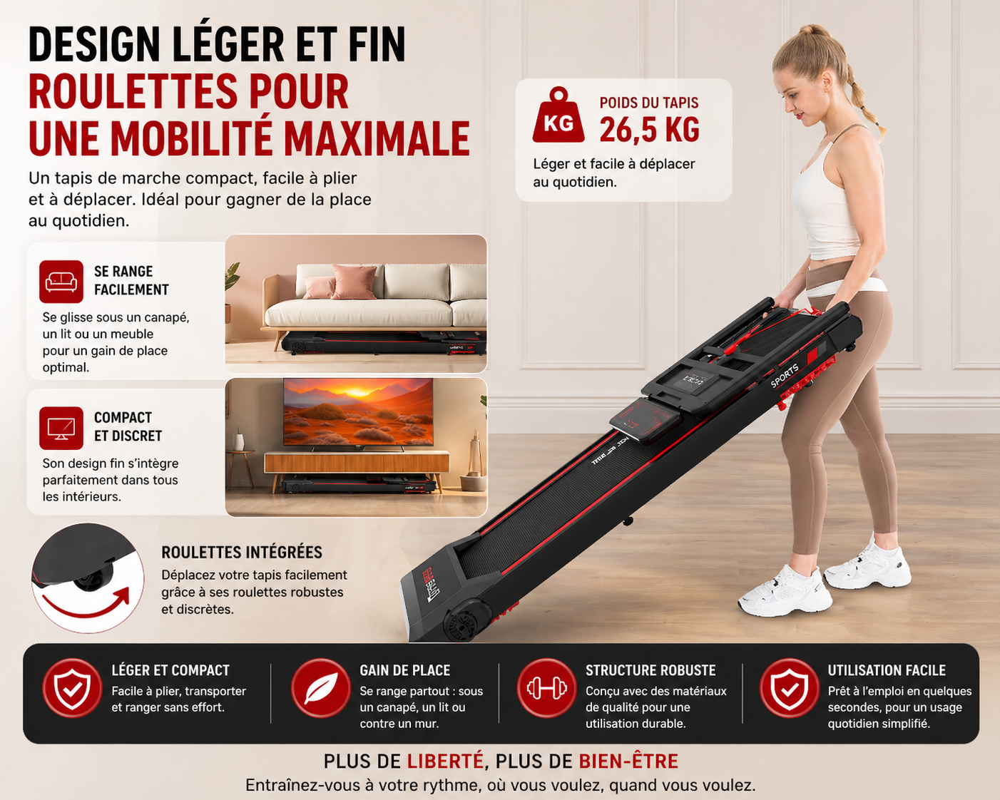 Tapis de Course compact pliable- Inclinaison, Bluetooth et écran LED