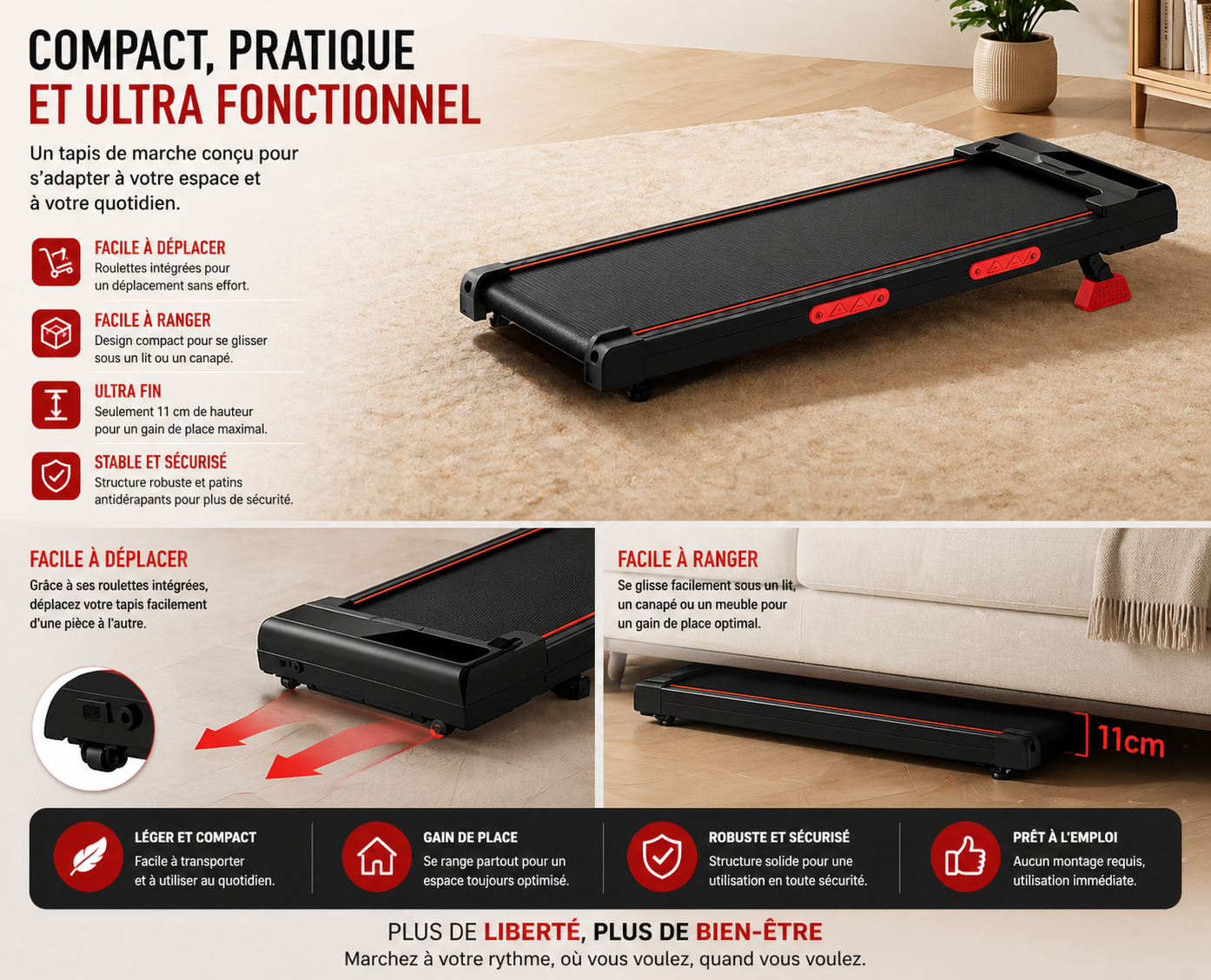 Tapis de course compact inclinable 10km/h- Cardio, marche intensive