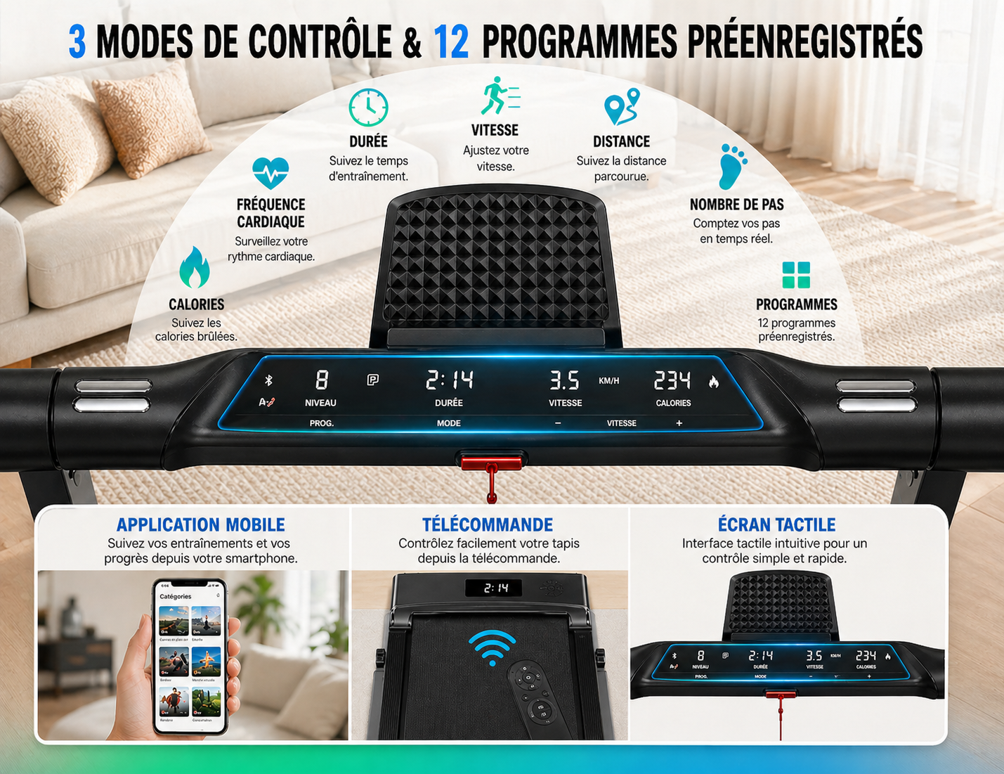 Tapis de course pliable 4-en-1 - Bluetooth 12km/h