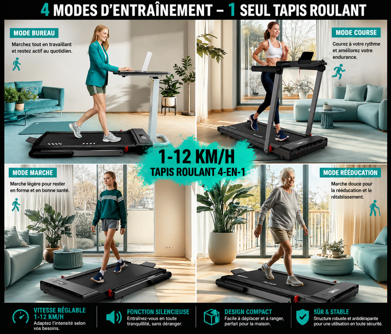 Tapis de course pliable 4-en-1 - Bluetooth 12km/h