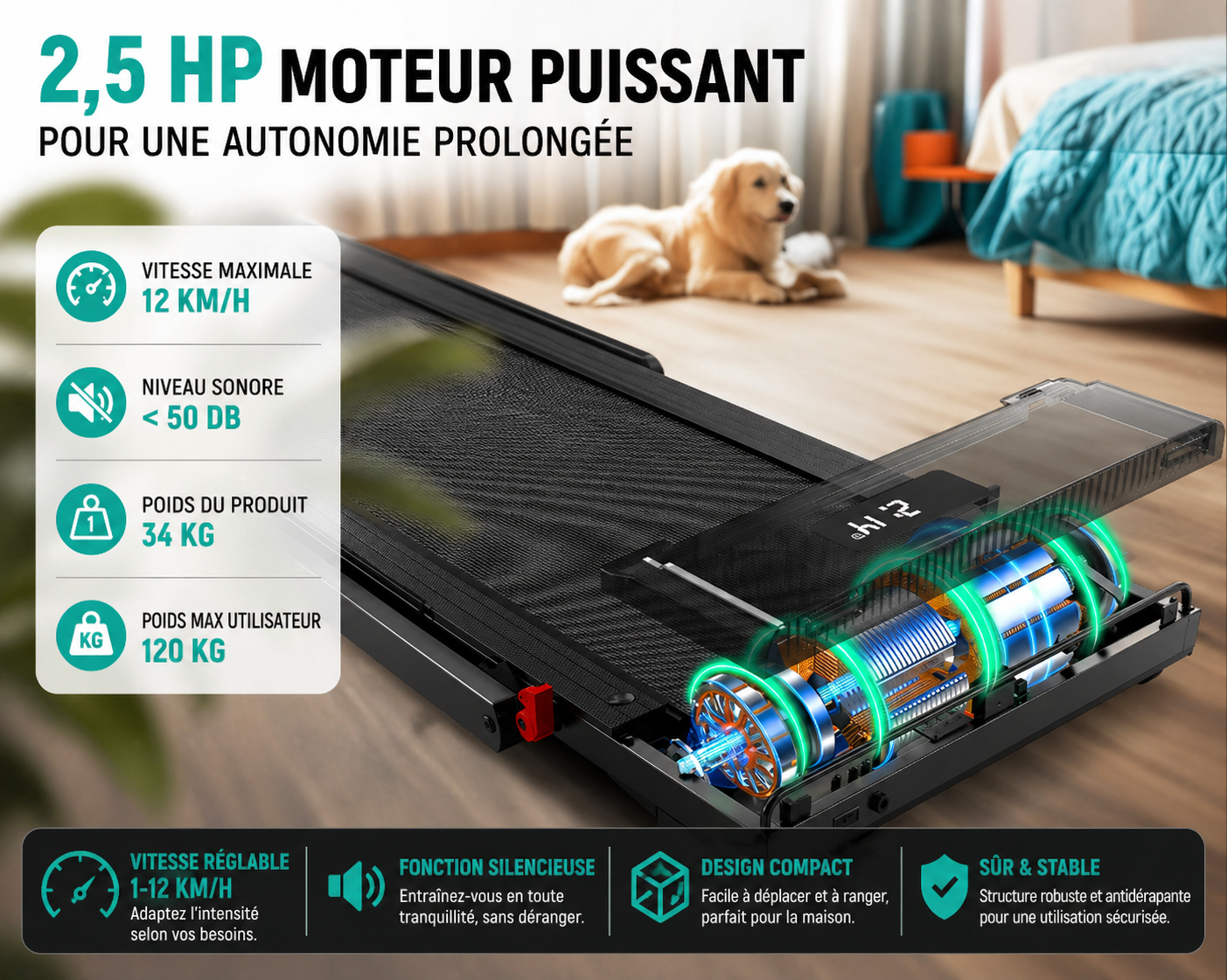 Tapis de course pliable 4-en-1 - Bluetooth 12km/h