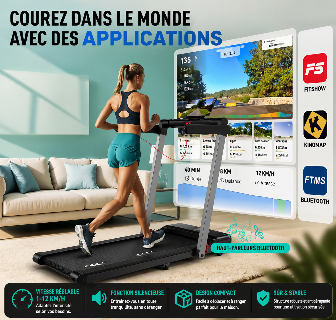 Tapis de course pliable 4-en-1 - Bluetooth 12km/h