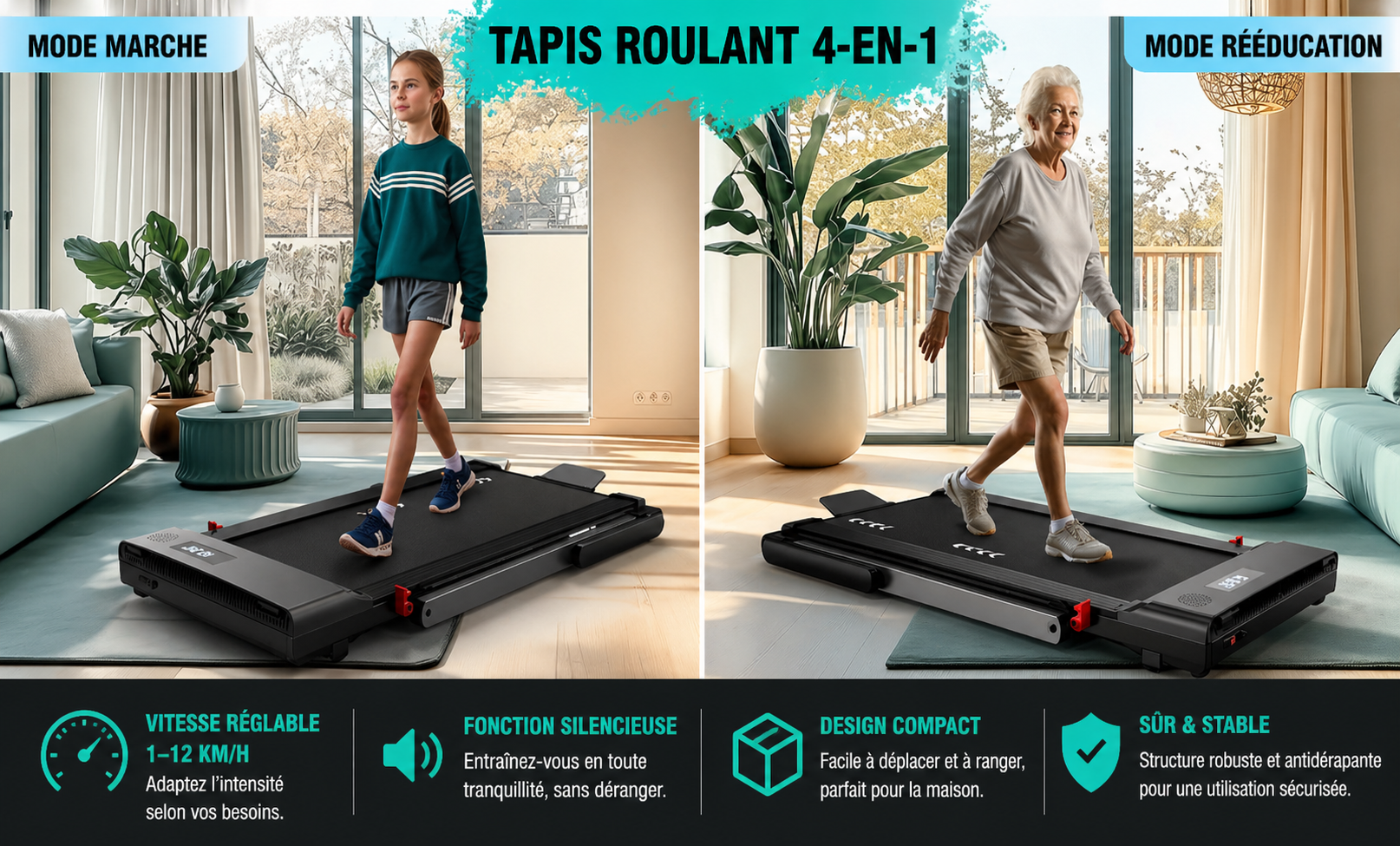 Tapis de course pliable 4-en-1 - Bluetooth 12km/h