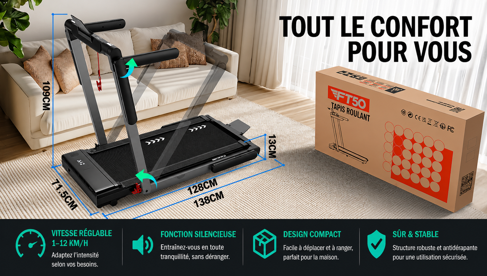 Tapis de course pliable 4-en-1 - Bluetooth 12km/h