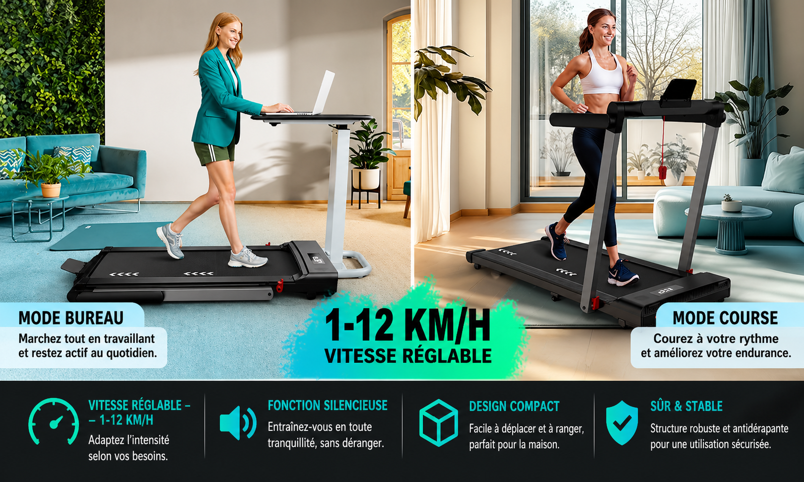 Tapis de course pliable 4-en-1 - Bluetooth 12km/h