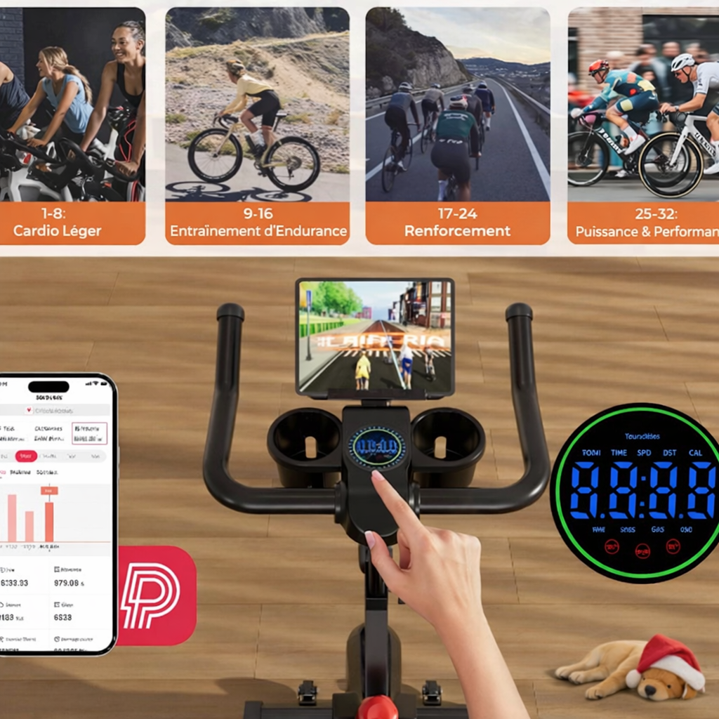 Vélo d’appartement magnétique, 32 niveaux de résistance, écran LCD, capacité 100 kg