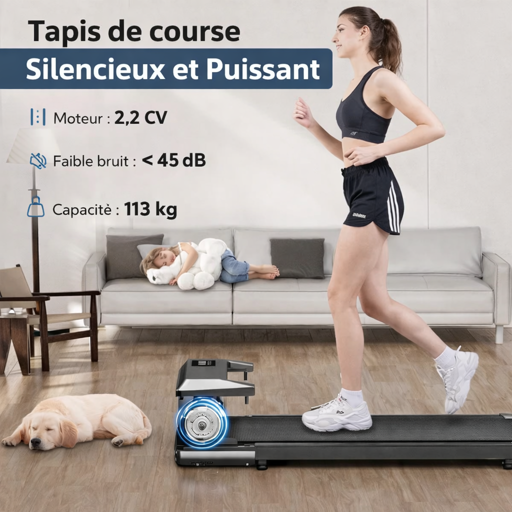 Tapis de marche électrique compact 80 cm moteur 2.2 HP silencieux 2 en 1