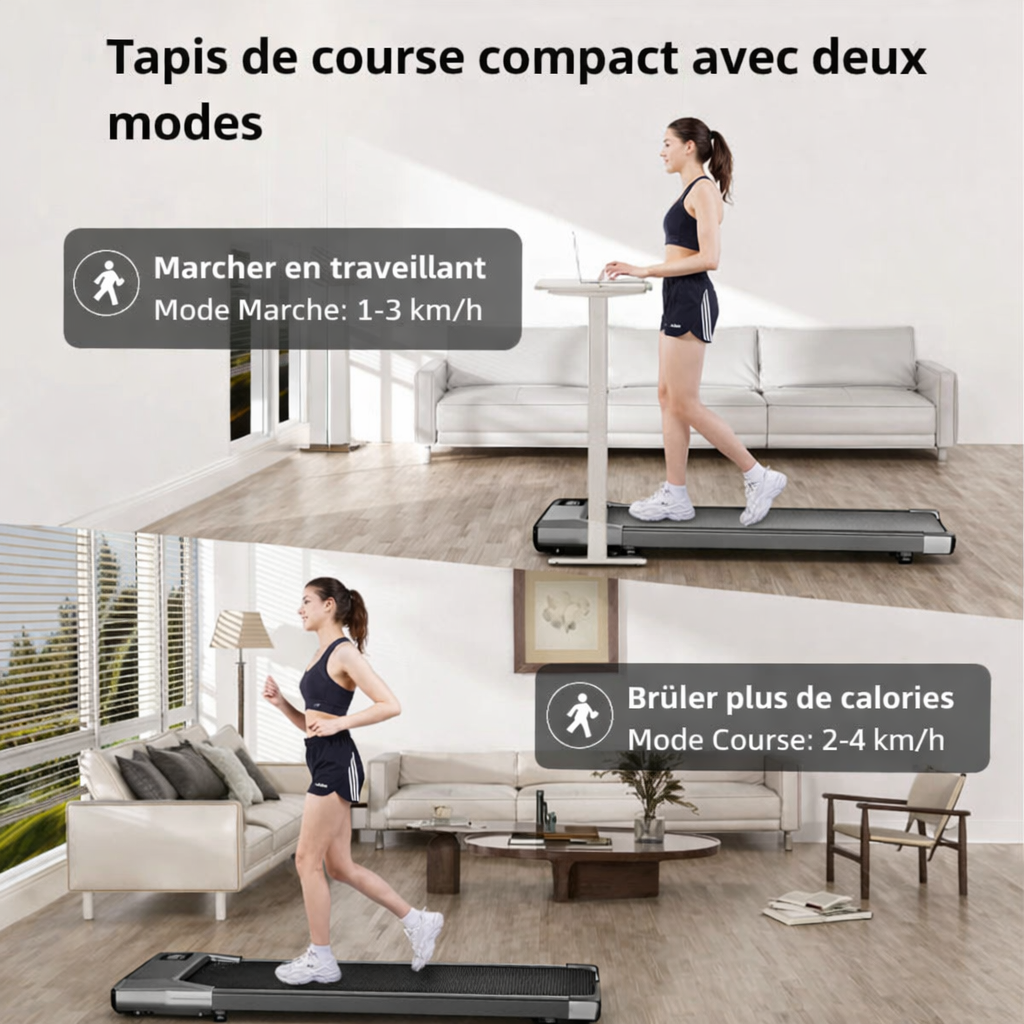 Tapis de marche électrique compact 80 cm moteur 2.2 HP silencieux 2 en 1