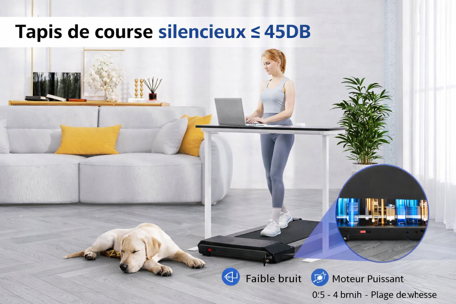 Tapis de marche électrique compact 80 cm moteur 2.2 HP silencieux 2 en 1