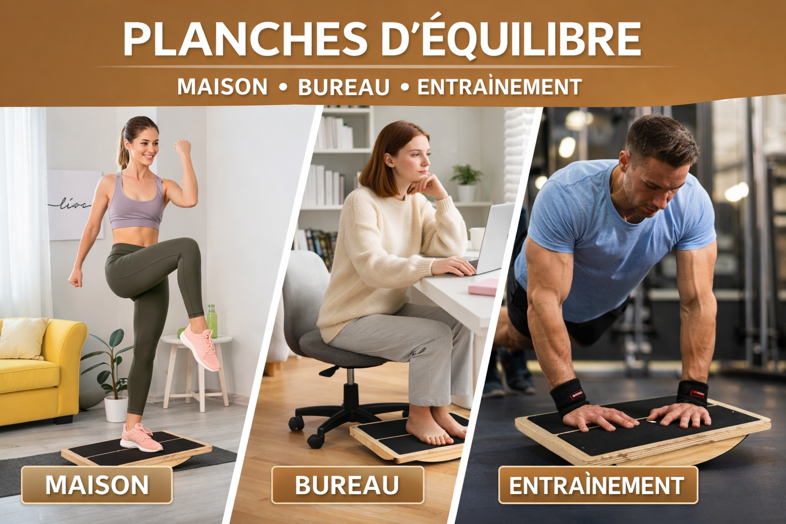 Planche d’équilibre en bois renforcement corps stabilité antidérapante durable maison bureau hommes femmes