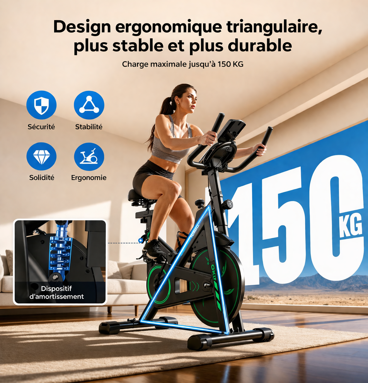Vélo d’Appartement Connecté Silencieux – Résistance Magnétique, 150 kg, Compatible Zwift & Kinomap