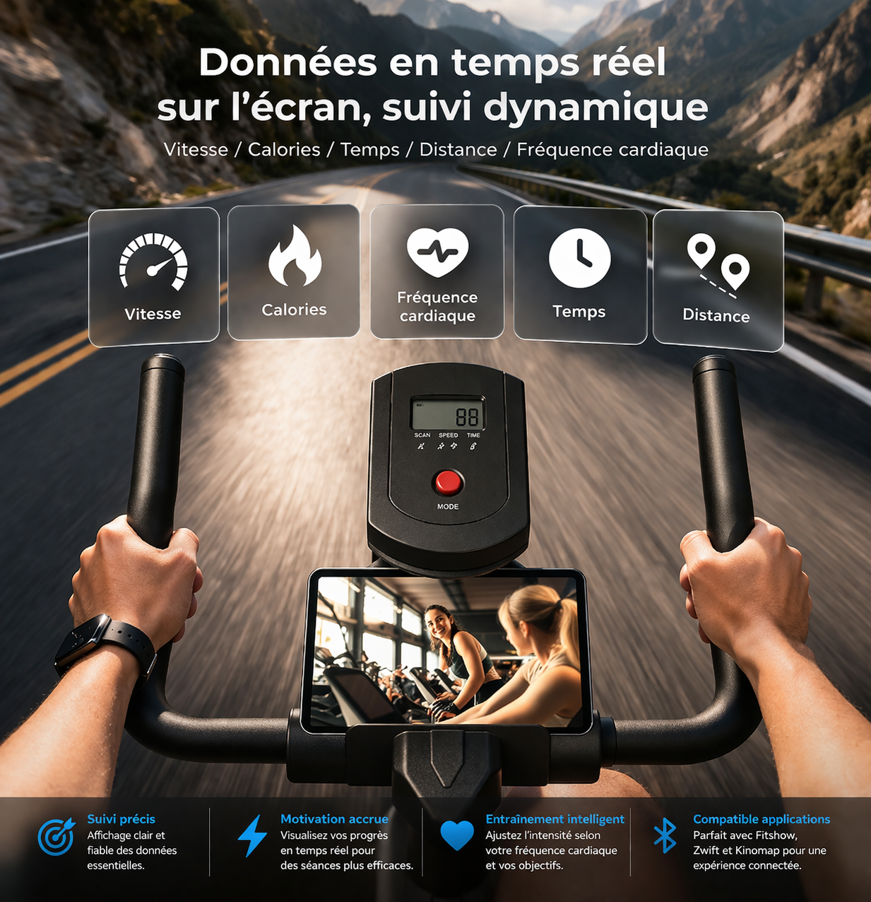 Vélo d’Appartement Connecté Silencieux – Résistance Magnétique, 150 kg, Compatible Zwift & Kinomap