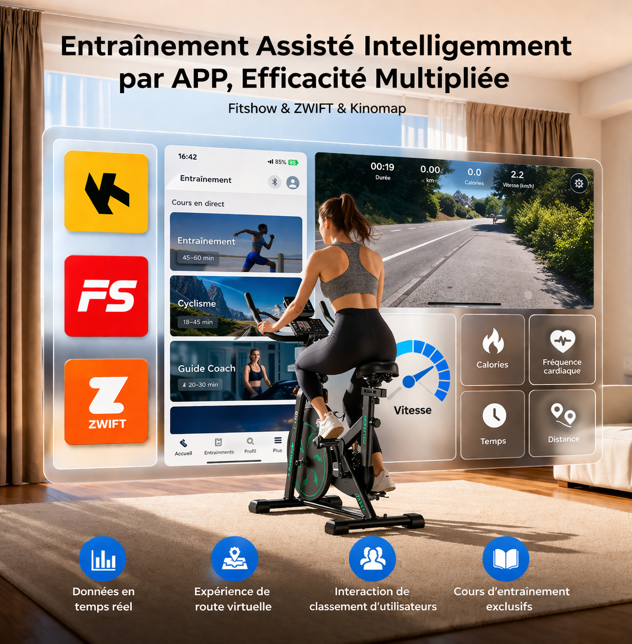 Vélo d’Appartement Connecté Silencieux – Résistance Magnétique, 150 kg, Compatible Zwift & Kinomap