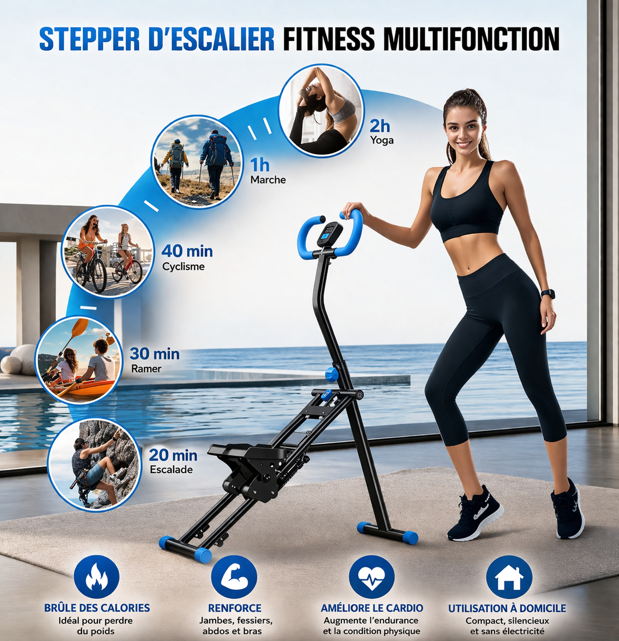 Stepper Escalier Fitness Pliable – Machine Cardio Corps Entier, 150 kg, Compact Maison