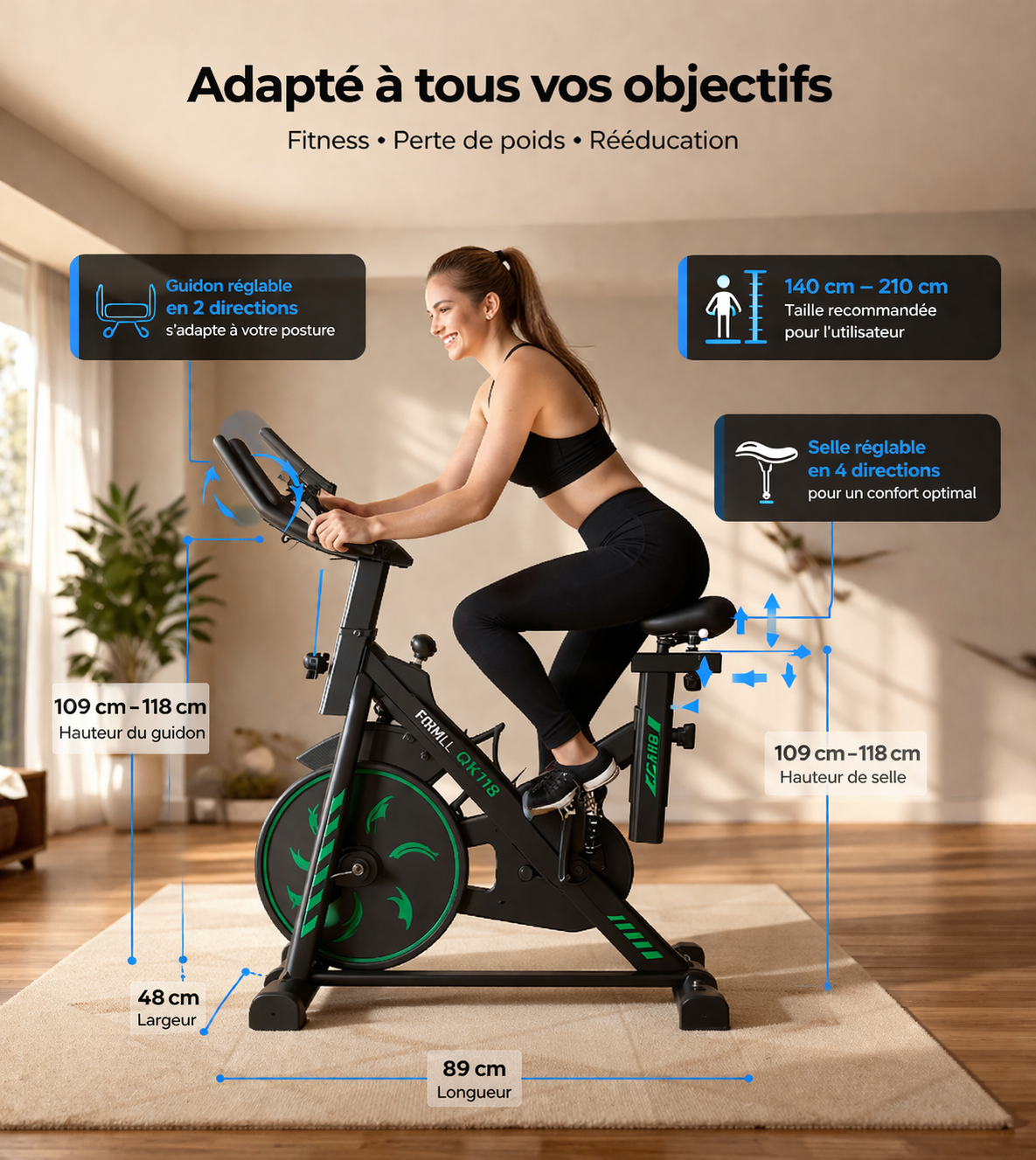 Vélo d’Appartement Connecté Silencieux – Résistance Magnétique, 150 kg, Compatible Zwift & Kinomap