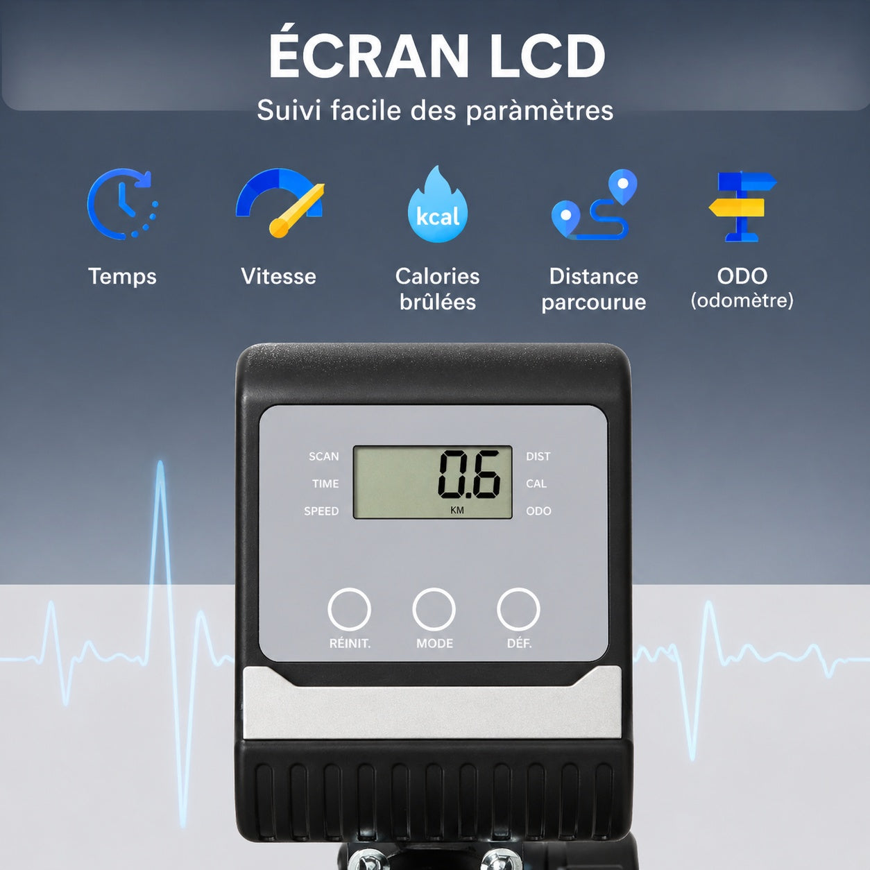Vélo d’appartement – Résistance 8 niveaux, siège réglable, dossier, écran LCD