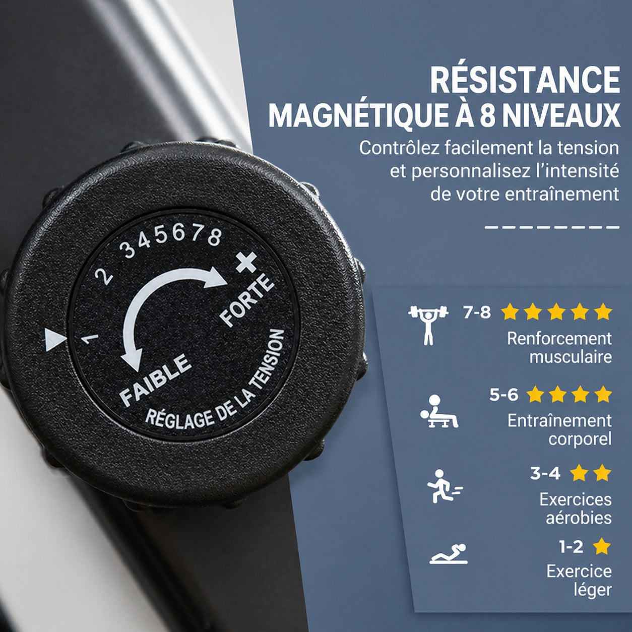 Vélo d’appartement – Résistance 8 niveaux, siège réglable, dossier, écran LCD