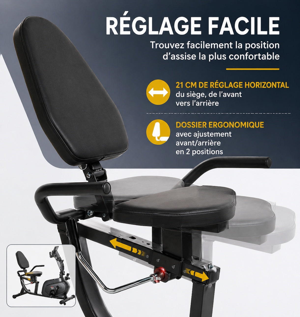 Vélo d’appartement – Résistance 8 niveaux, siège réglable, dossier, écran LCD